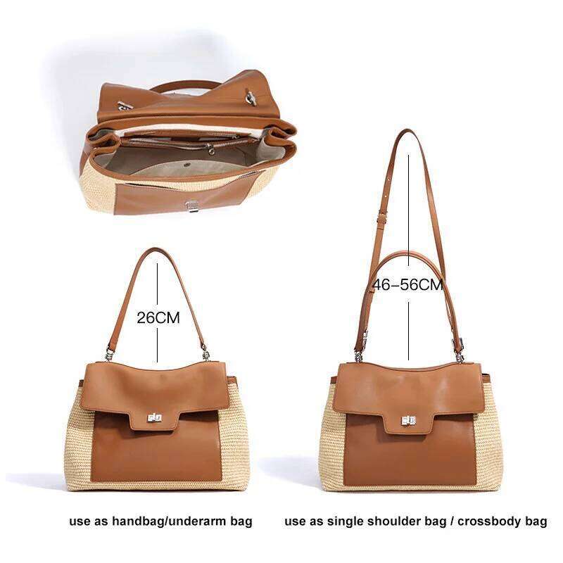 Summer 2025 Women's Raffia Woven Tote Split Leather Crossbody Straw Messenger Grass Weaving Shoulder Bag for Ladies New
