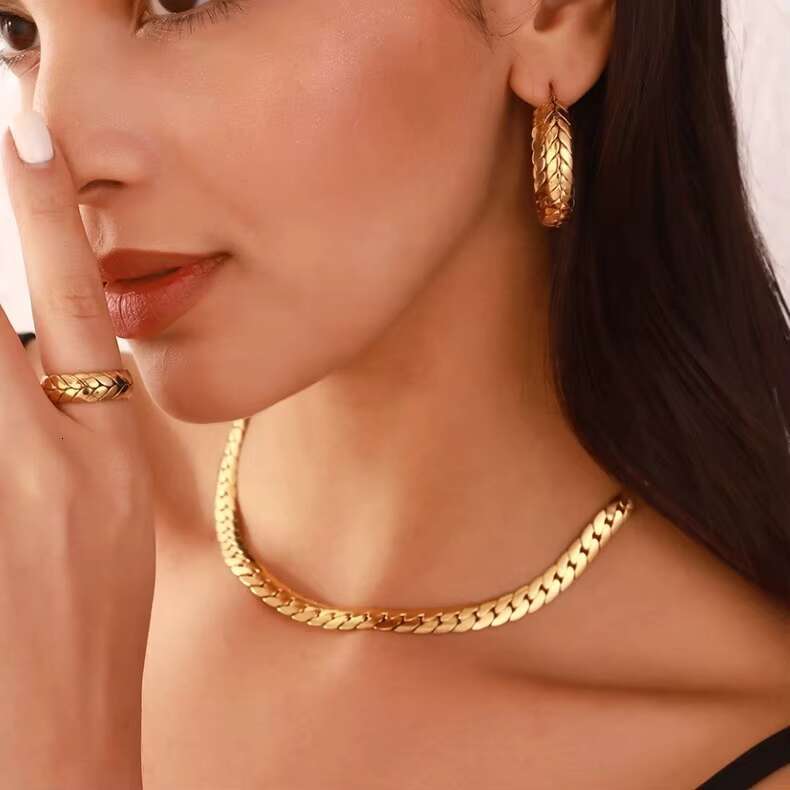 Wholesale 3 Piece Fashion Jewelry Set 18K Gold Plated Stainless Steel Flat Cuban Chain Necklace Bracelet Earrings Sets for Women