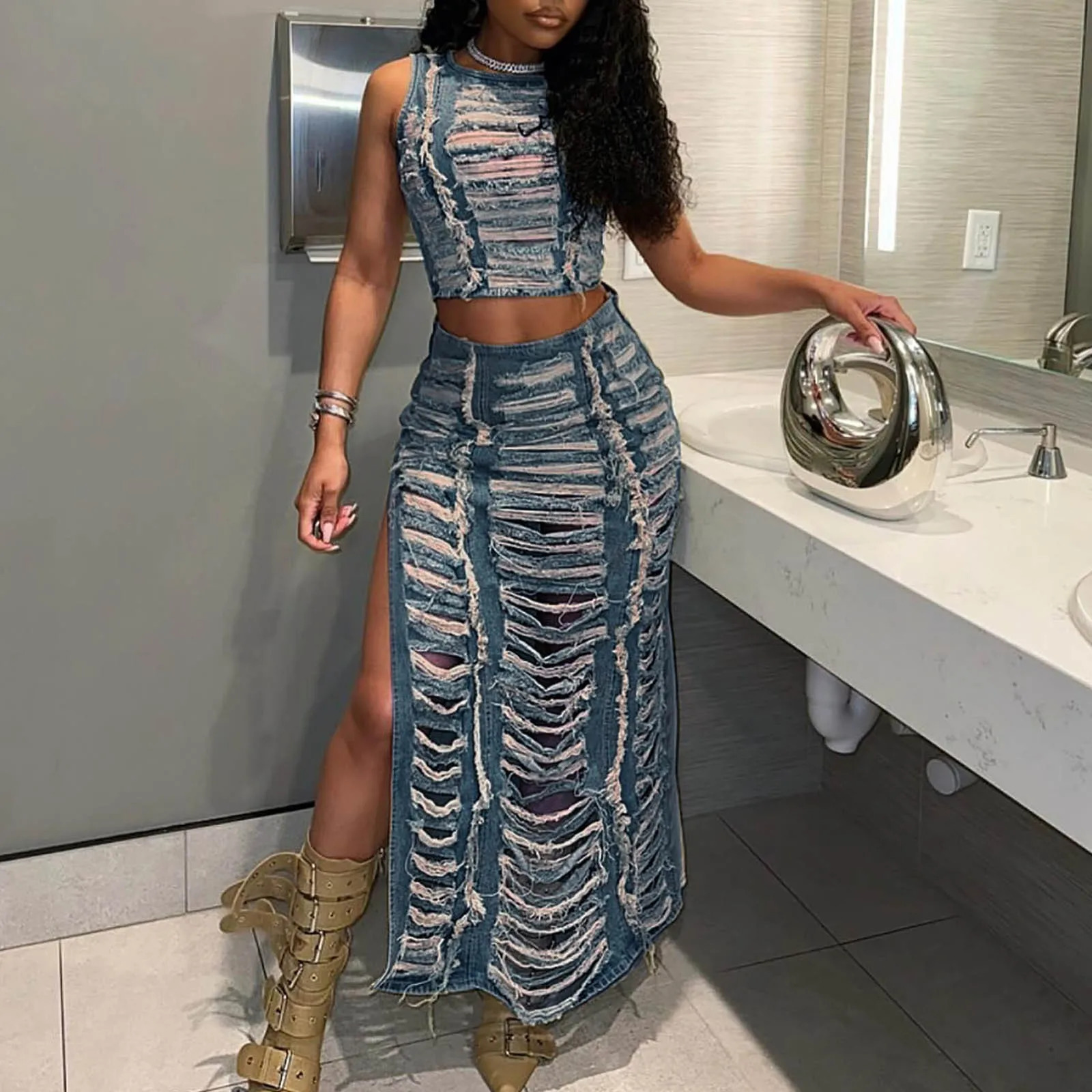 Womens Denim Skirt Suit Ripped Holed Vest Top And High Slit Denim Skirt Female Outfit Streetwear Vintage Women Two Piece Set 250605