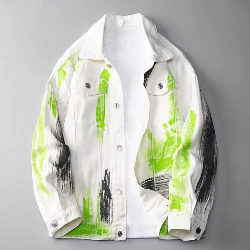 Button Hip Hop Black Male Jean Coats Mens Denim Jacket Wite Autumn Winter Outerwear Rock Worn Menswear 2024 Oversize 250530