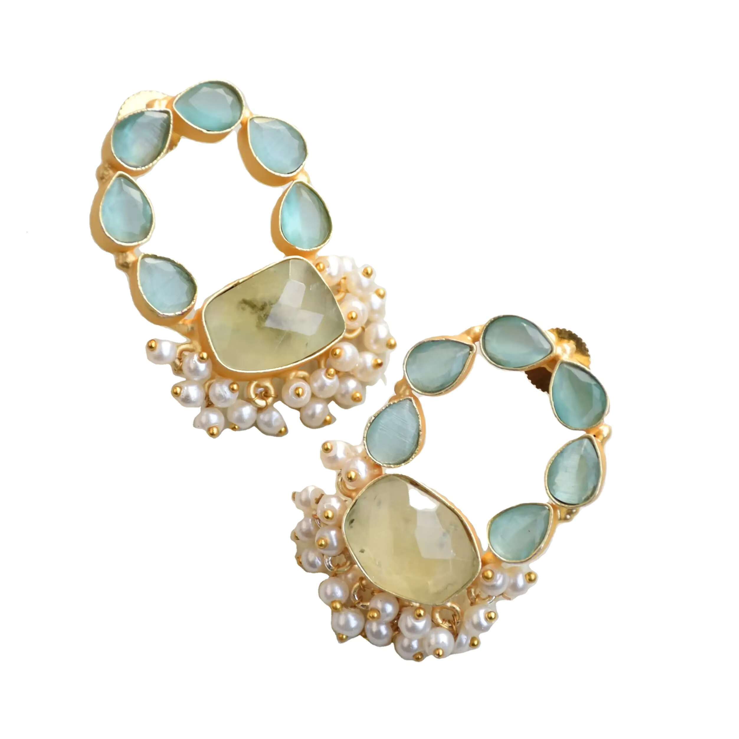 Handmade Womens Trendy Earrings Gold Plated Brass Jewelry With Semi-Precious Stones Natural Crystal Unique Stud Earrings Design