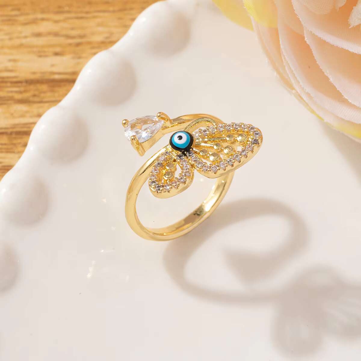 Laboratory cultured diamond ring; Unique multi-colored evil eye ring; 925 silver 18K gold open adjustable ring; Jewelry