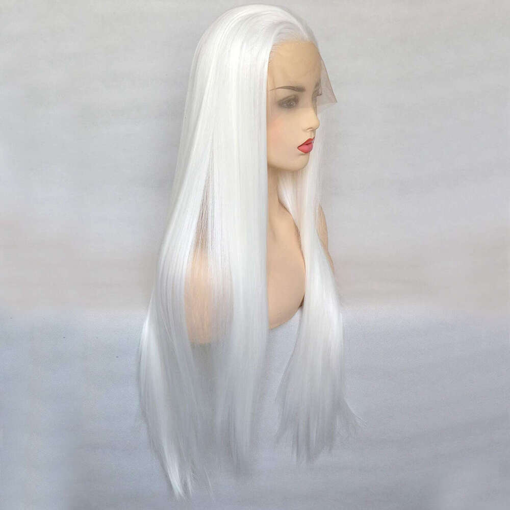 Fashion Pure White Women's Hand-Tied Lace Front Long Straight Synthetic High-Temperature Fiber Wig
