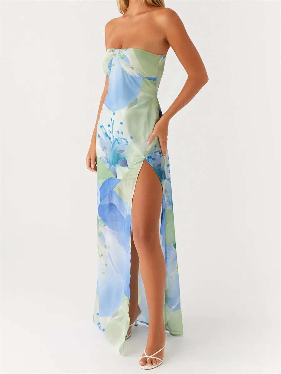 Elegant Maxi Dress with Boho Floral Print and Sexy High Slit Stylish Backless Strapless Tube Dress for Summer Beach Party