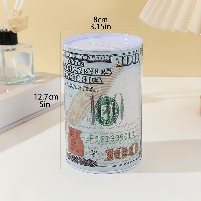 A Metal Cylindrical Dollar Pattern Piggy Bank, Coin Storage, Decorative Ornament, Currency Storage Jar