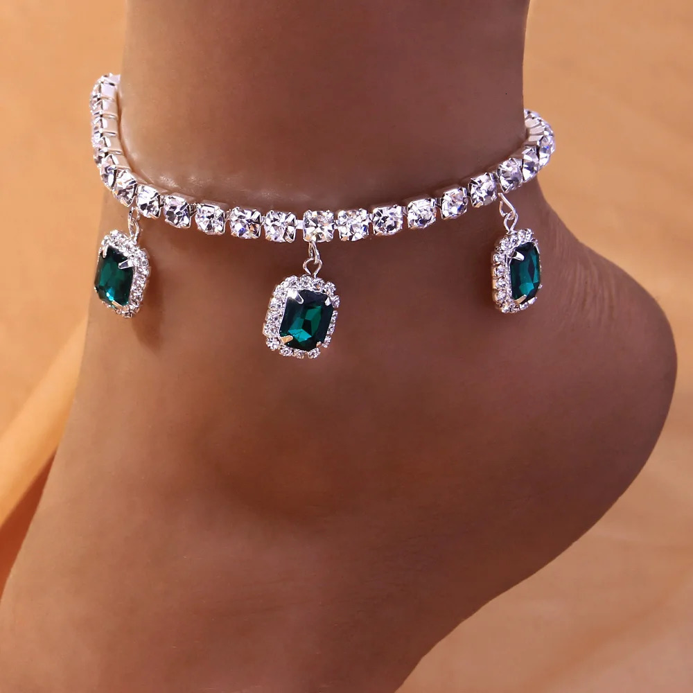 Stonefans Square Rhinestone Anklet Chain Jewelry for Women Summer Beach Pendant Sandal Barefoot Anklet Leg Bracelet 250606