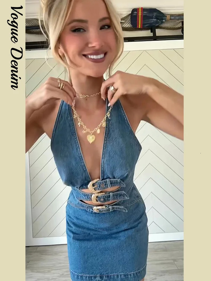 Sexy Backless Hang Neck Denim Dress V-neck Metal Buckle Waist Zipping Short Woman Dresses Summer Fashion Vestidos Para Mujer 250605