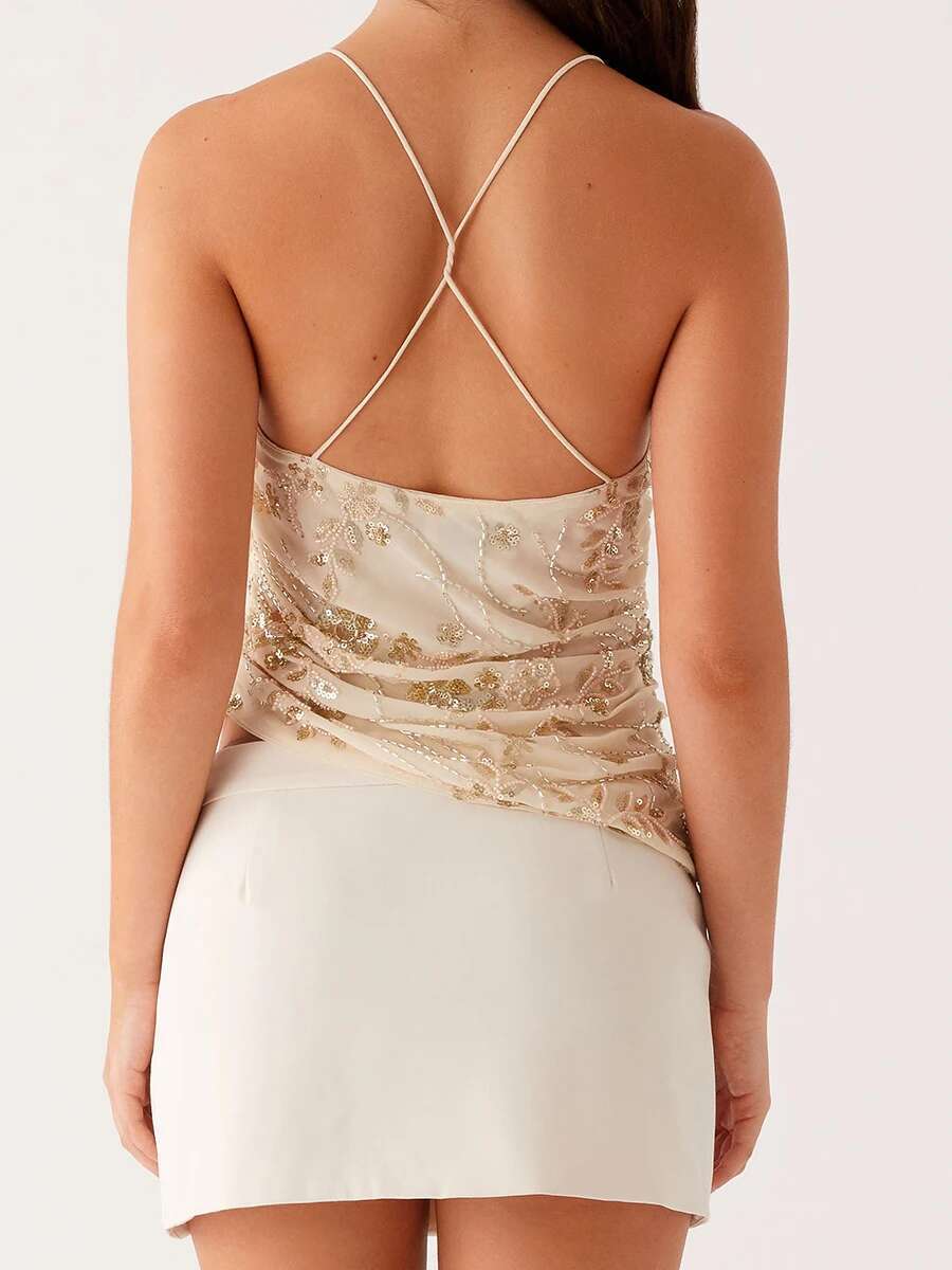 Womens Sparkling Sequin Floral Tank Top with Draped Cowl Neck Thin Spaghetti Straps and Sexy Open Back Design for Chic