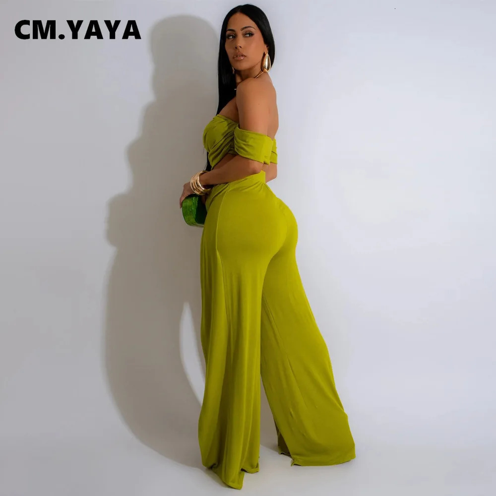 CM.YAYA Womens Set Short Sleeve Slash Neck Ruched Tops and Wide Leg split Pants Street Two 2 Piece Sets Outfit Tracksuits 250605