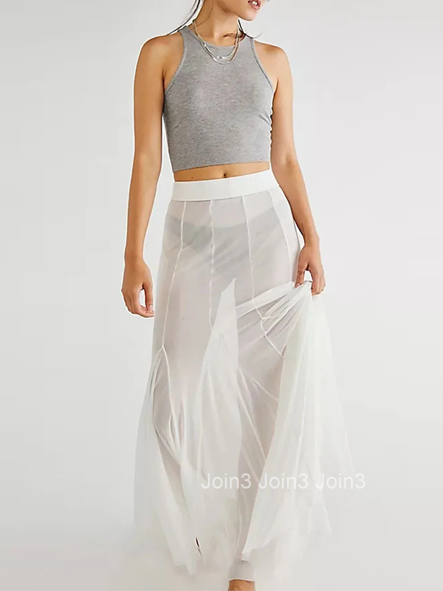 Elegant Womens Sheer Mesh Maxi Skirts with Elastic High Waist and Ruffle Hem Flowy A-line Midi Skirts for Casual Wear