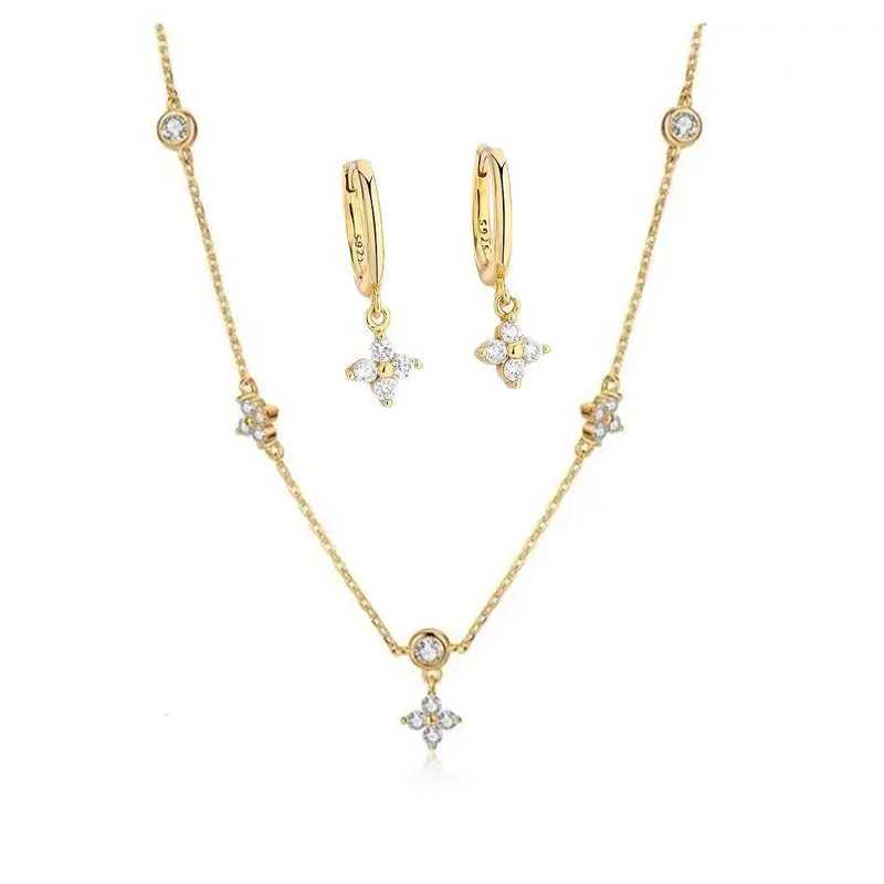 Inlaid Zircon Four- Flower Necklace Earrings Jewelry Set for Women New Niche Light Luxury Hot Fashion Accessories Z250607