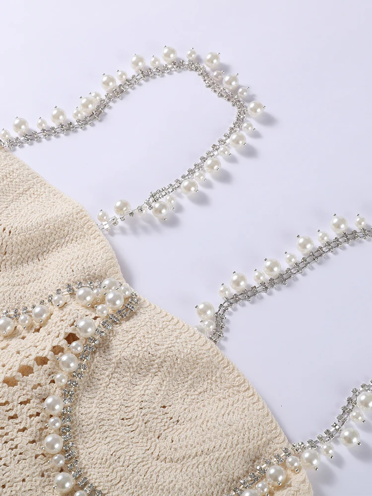 Beach Pearl Knit Crop Vest Shorts Sets Women Slim Hollow Sleeveless Backless Tops Lace Up Short Pants 2025 Summer Sexy Outfits 250605