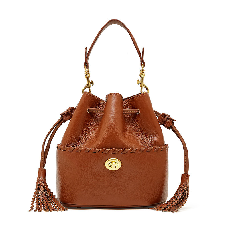 Free Shipping Luxury Top Layer Cowhide Bucket Bag 2025 New Designer Leather Women's Bag Tassel Niche Drawstring Shoulder Crossbody Bag Handbag
