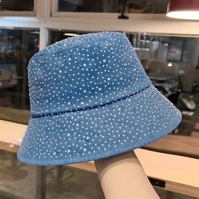 Denim Fisherman Hat Womens Korean ErSion VSpring And Autumn Sun Protection Hat Rhinestone Fashion Trend Bucket Cap 250605