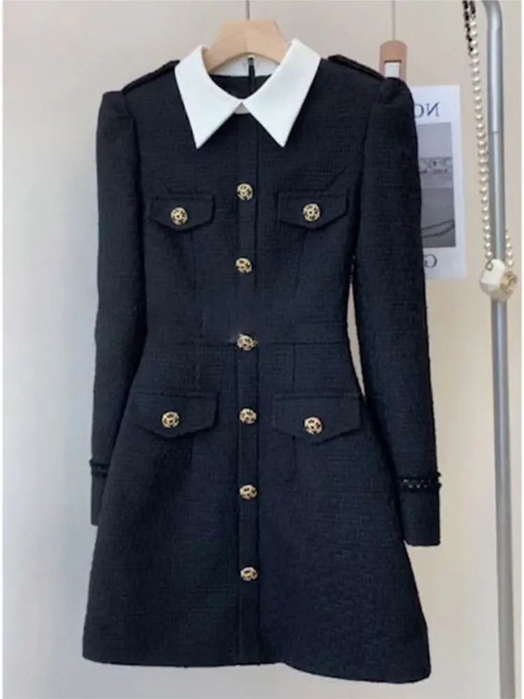 Lady Elegant Tweed Short Dress For Women Turn Down Collar Metal Buttons Autumn Dress Slim High Waist Black Fashion Dress 250603