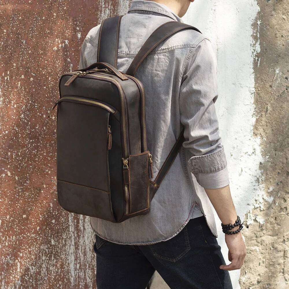 S.WORKER Vintage Men's Genuine Backpack 15.6' Laptop Bag Large Capacity Crazy Horse Leather Schoolbag Cowhide