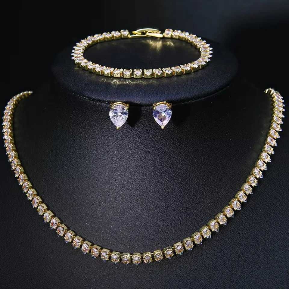 Fashionable Classic Water Drop Zircon Necklace Earring Three-piece Set Dinner Wedding Party Dress Accessories Z250607