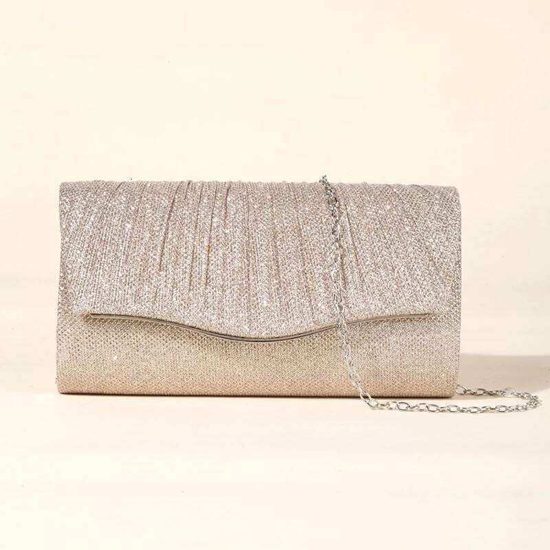 Glitter Shiny Women Evening Bag Fashionable Pleated Ladies Long Chain Purses Wedding Dinner Party Small Clutch Handbag