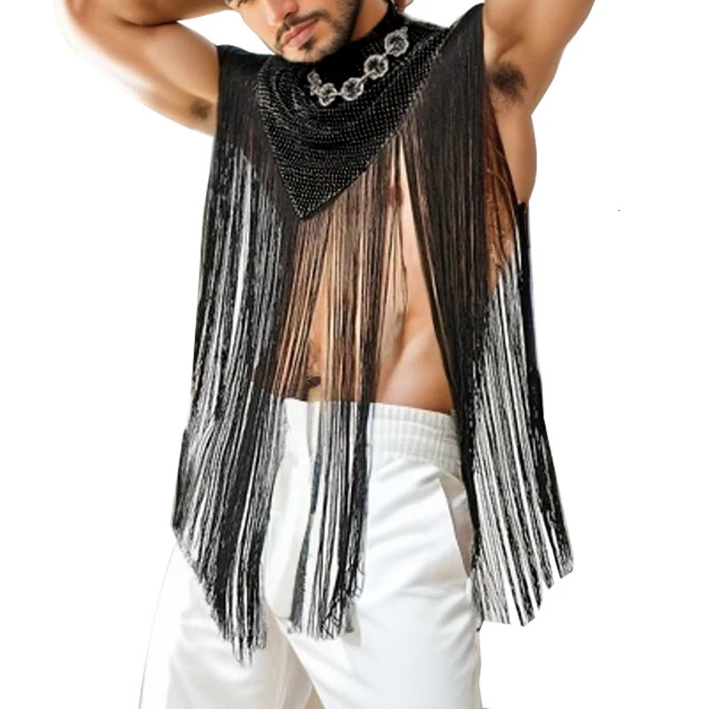 Mens Clothing Irregular Tank Tops Fashion Vests Tassel Patchwork Turtleneck Sleeveless Streetwear Leisure Sexy Cloak Ponchos 250527