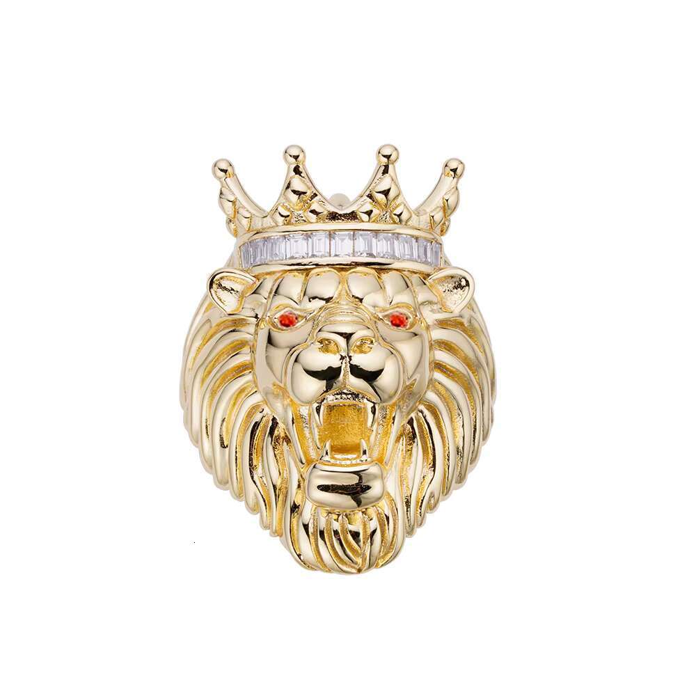 Customization Over Real 925 Silver 10K Yellow Gold Created Diamond Textured Roaring Baguette Crown Lion Face Ring