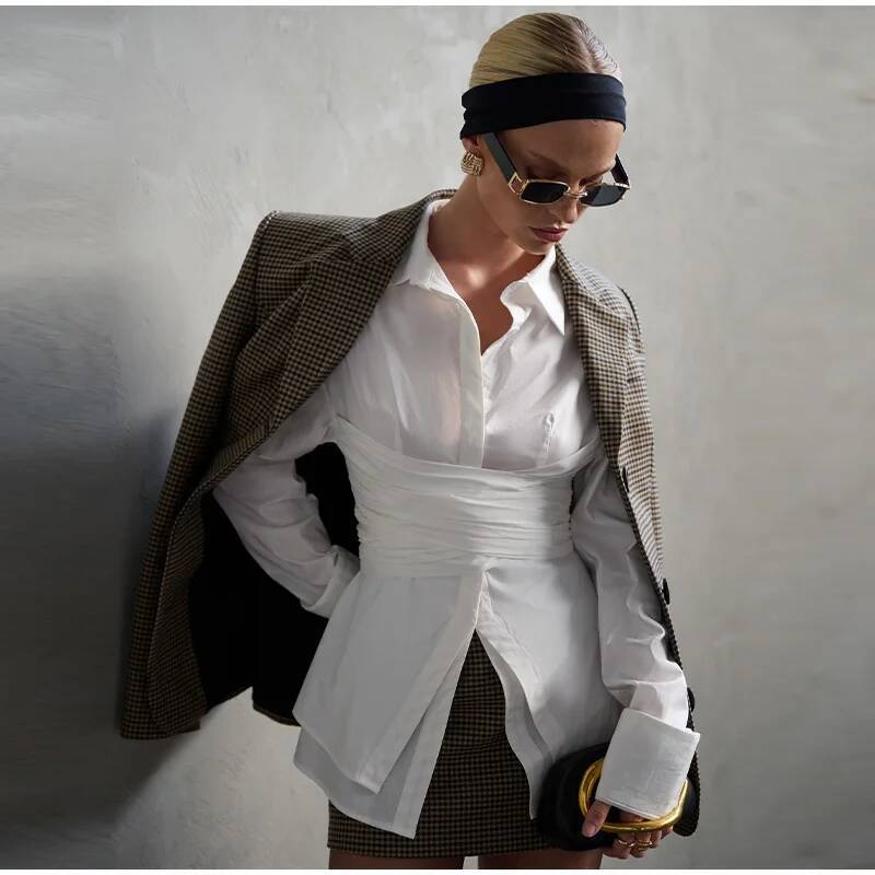 Elegant Women's Waist Up White Shirt Pleat Lapel Long Sleeve Button Blouses Top 2025 Spring Summer Lady High Street Outwear New