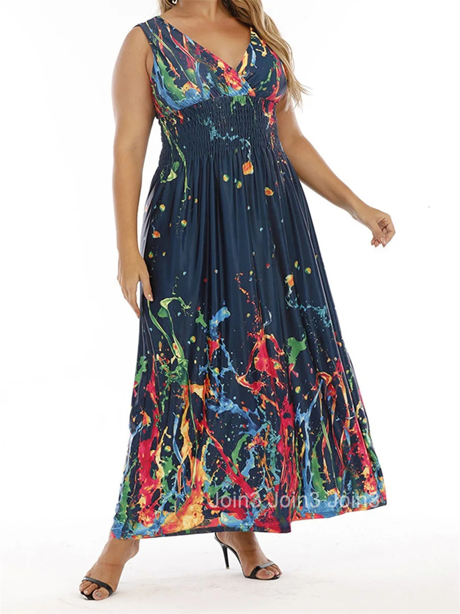 Women Plus Size Sleeveless Maxi Dress Casual Floral Print V-neck Party Dress for Beach Club Streetwear Summer Fashion Trend