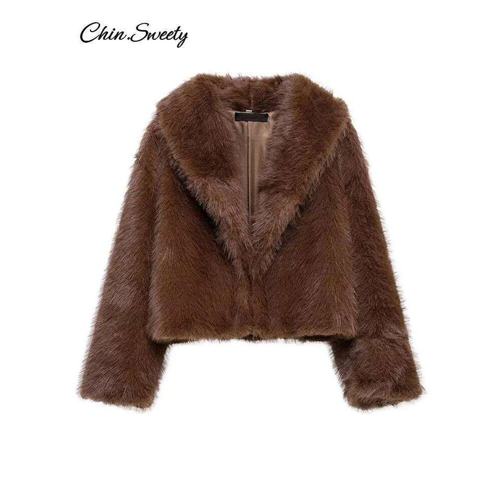 Brown Lapel Faux Fur Short Coat Women Fluffy Long Sleeve Warm Thick Loose Jacket 2024 Autumn Winter Lady High Street Outwear luanyun
