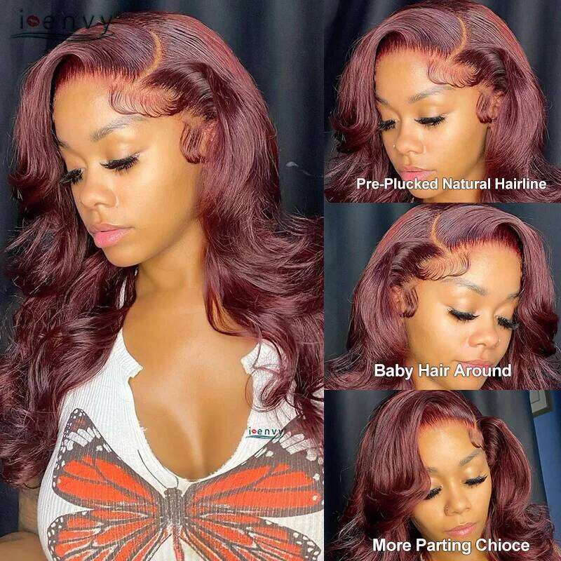 NAMM 13X4 HD Transparent Bury Red Human Hair Wigs PrePlucked 13X6 32Inch Body Wave Lace Front Wig For Women Curly