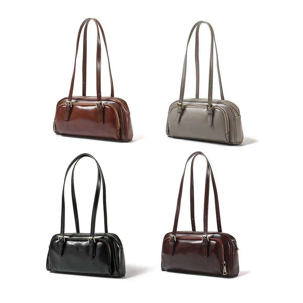 Genuine Leather Underarm retro baguette bag for women, new Shoulder Bag First layer cow leather handbag, crossbody bowling