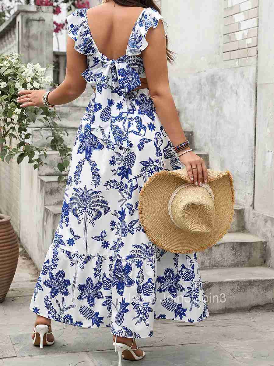 Elegant Womens Summer Dress with Floral Print v Neckline Sleeveless Design and Backless Detail in Plus Size A-line
