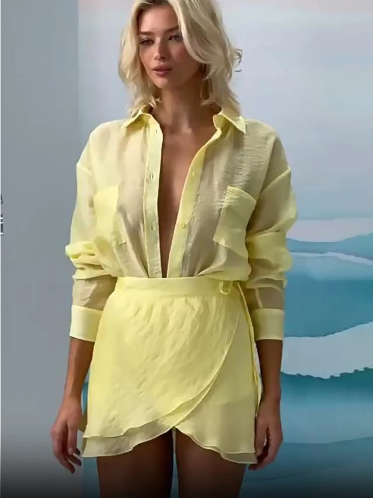 JULISSA MO Casual Vacation Two Piece Sets Women Shirt Suit Yellow Turn-down Collar Bandage Mini Skirt Set Summer Slim Beachwear 250605