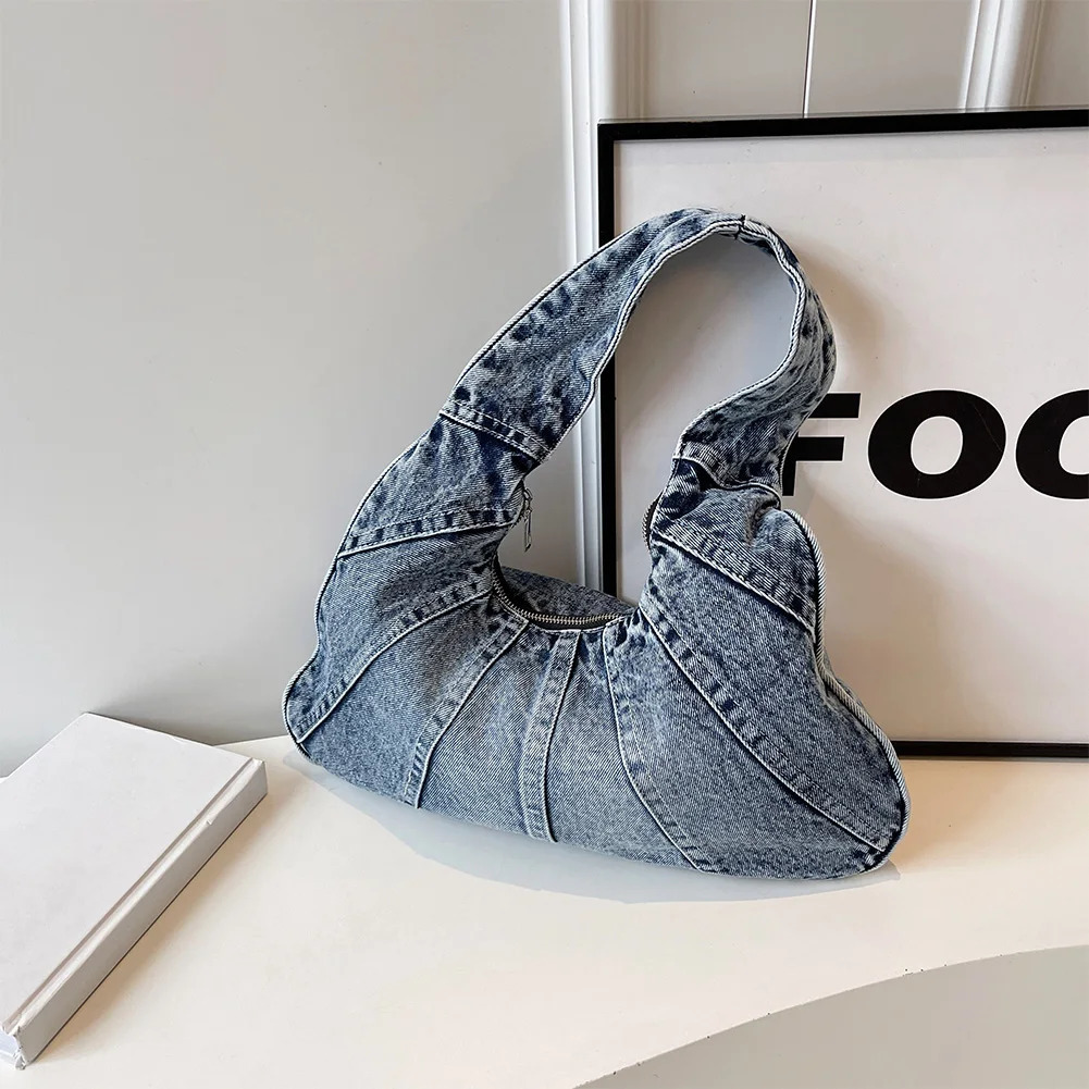 Women Denim Handbag Trendy Shoulder Bag with Zipper Underarm Purse With Pocket Clutch Bag for Work Travel Shopping 250606