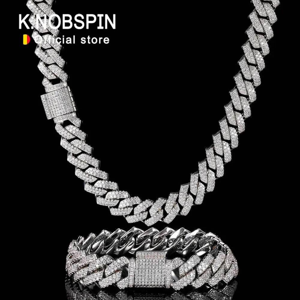 KNOBSPIN D Color Moissanite Bracelet Sterling Sliver Plated with White Gold Dia Cuban Link Chain for Women Man