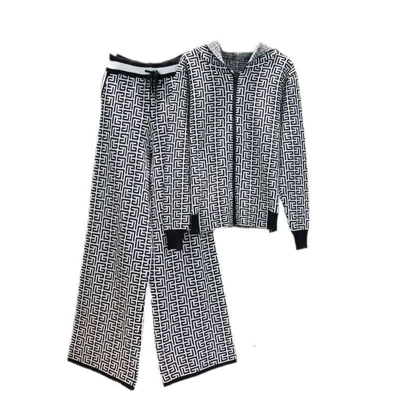 Europe with A Hooded Coat Wide Leg Pants Autumn and Winter Sweater Two Sets of Women's Wear