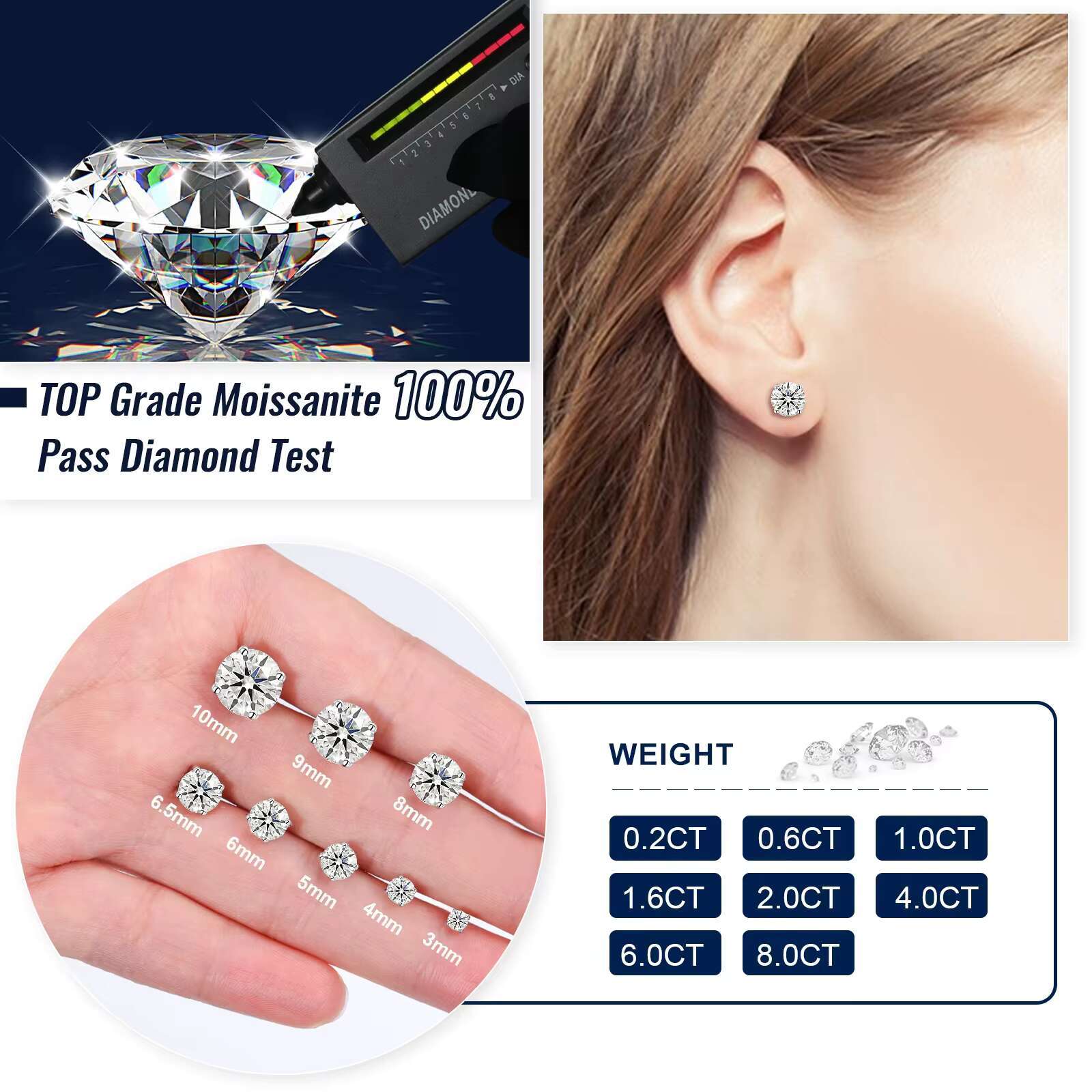 Moissanite Stud Earrings White Gold 925 Sterling Silver VVS Mossanite Diamond Men Women