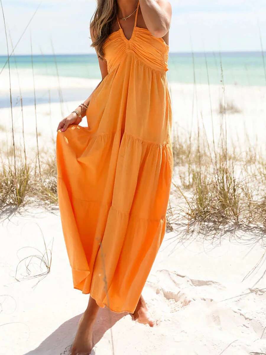 Elegant Sleeveless V-neck Maxi Dress with Floral Print and Ruffle Hem for Summer Beach Wedding Party Vacation Wear