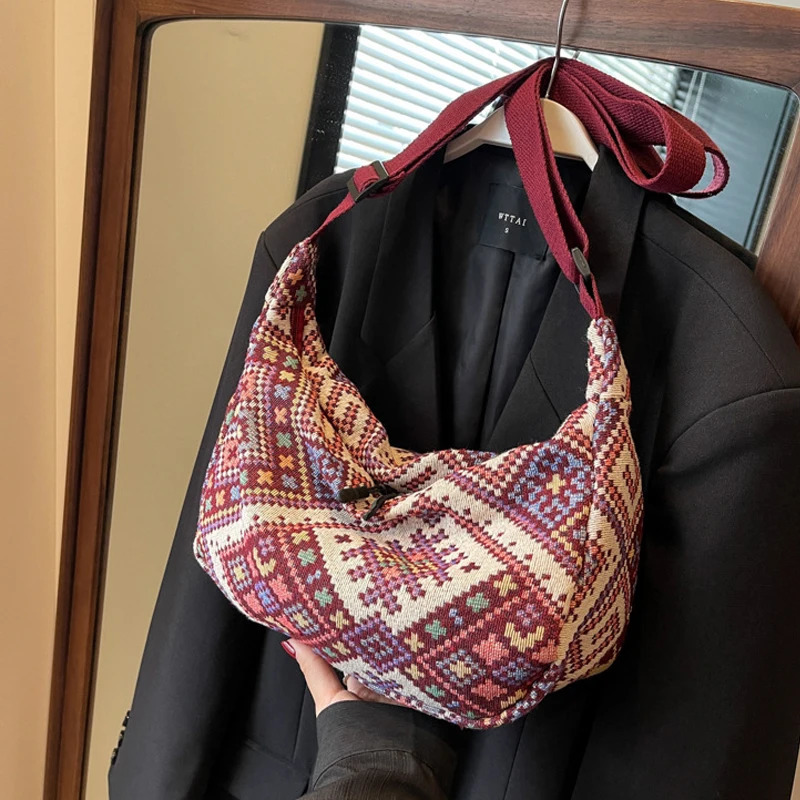 Ethnic Wind Canvas Shoulder Bag Small Tote Female Messenger Bag Simple Zipper Handbags Trend Casual Beach Bag 250606