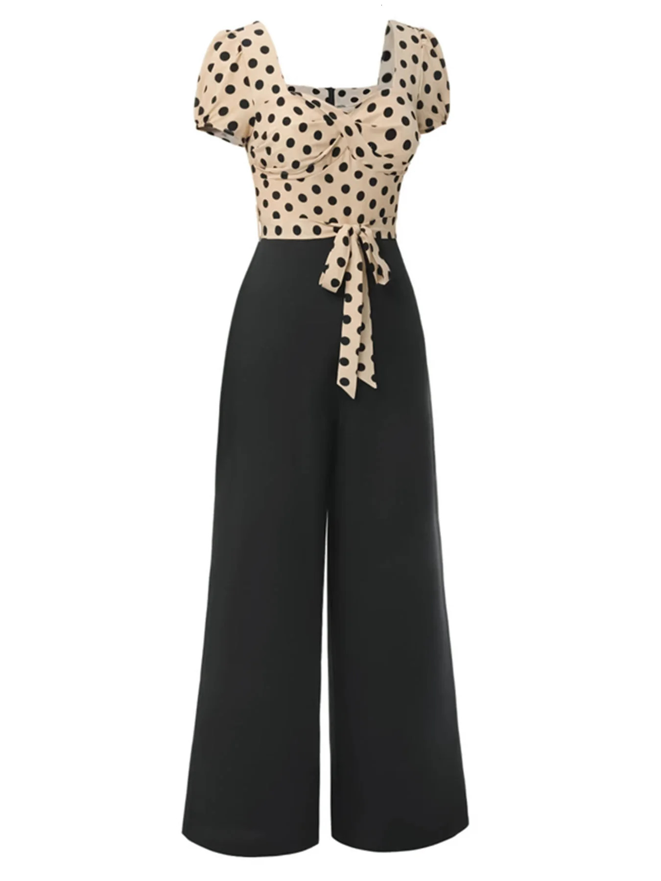 plus Size Elegant Vintage Polka Dot Top with Heart Collar Waist Tie Butterfly Knot Jumpsuit Womens Comfortable Breathable Slim 250603