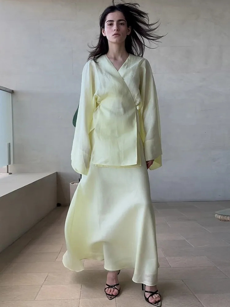 Loose Casual Lace Up Cardigan Skirt Sets Women Solid V neck Full Sleeve Top High Waist Skirt 2025 Spring Summer Casual Outfits 250605