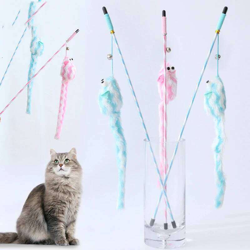 Toys Bouncy Rod Bell Bait Toy Plush Longtail Mouse Stripe Funny Stick Pet Supplies Cat Accessories