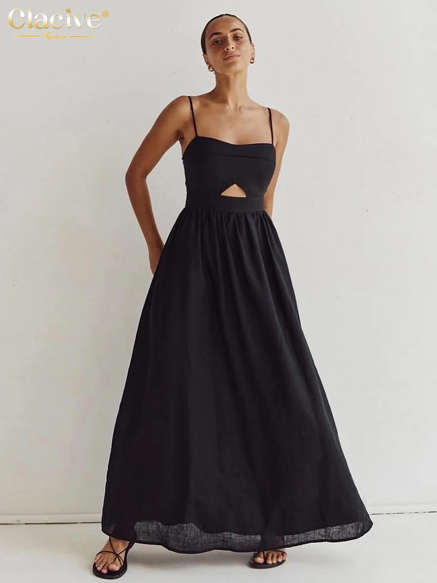 Clacive Sexy Loose Black Cotton Womens Dresses Summer Strap Sleeveless Ankle Length Dress Elegant Hollow Out Female Dress 250605