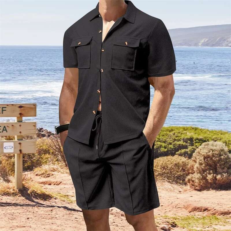 Casual Mens Summer Set Stylish Short Sleeve Button Up Shirt and Comfortable Elastic Waist Shorts in Solid Colors for Beach