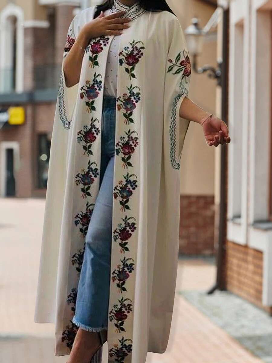 Elegant Floral Print Abaya Cape with Flowy Silhouette and High Neckline for Stylish Casual Wear in Spring