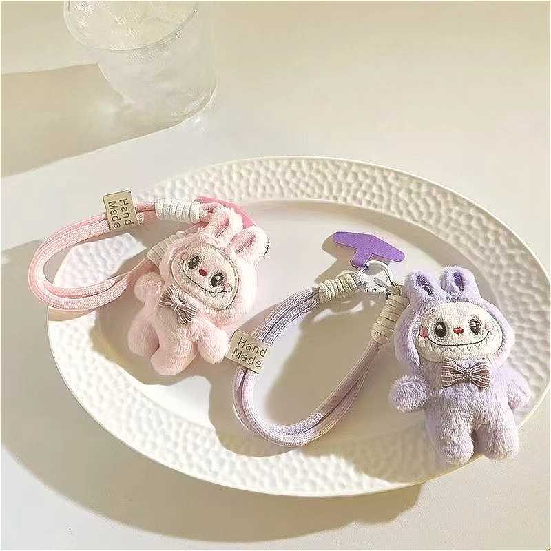 Labubu Keychain Creative Flocking Mini Phone Pendant School Bag Cute Pendant Fashion Popular Car Key Chain Birthday Gift Z250607