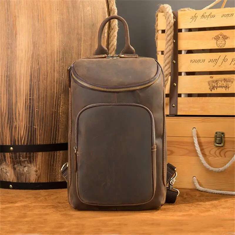 Men Bagpack Shoulder Cross Body Genuine Leather Cowskin Chest Pack For Outdoor Travel Messenger Bag Riding