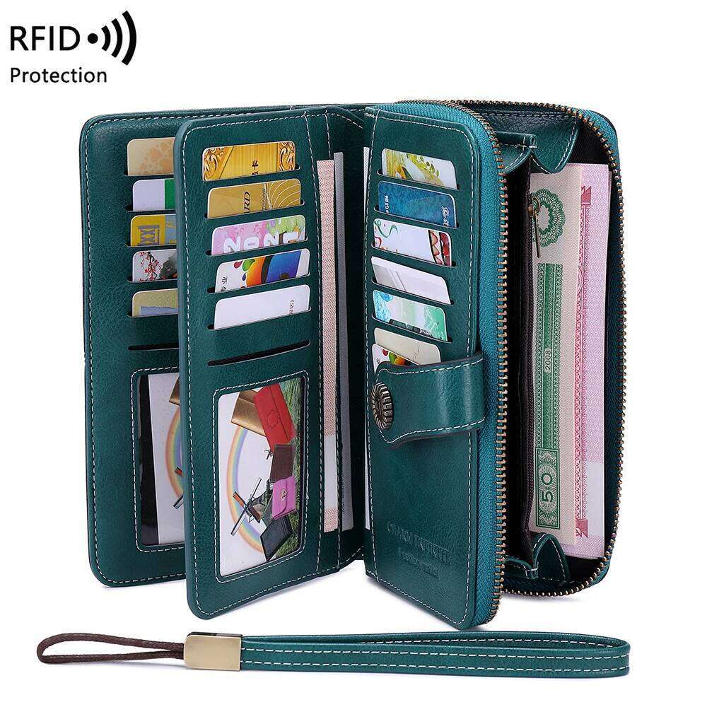 Hot Selling RFID Anti-Theft Brush Retro Large Capacity Long Multi-Card Women's Multi-Function Zipper Wallet With Wrist Strap Designer Bags