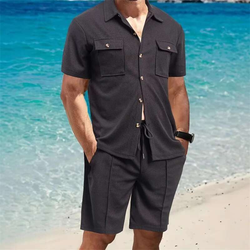 Casual Mens Summer Set Stylish Short Sleeve Button Up Shirt and Comfortable Elastic Waist Shorts in Solid Colors for Beach