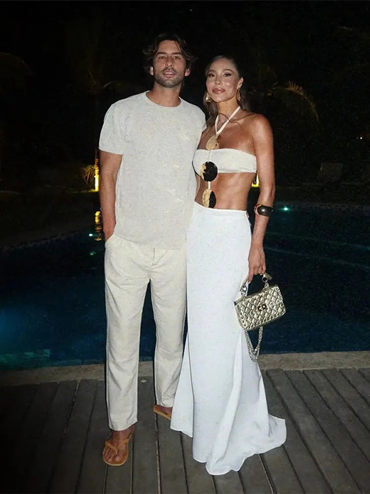 Metal Strapless Bikinis Halter Top Split Skirt Two Pieces Set Women Swimsuits Swimwear Hanging Neck Vacation Beach Mesh Dress 250605