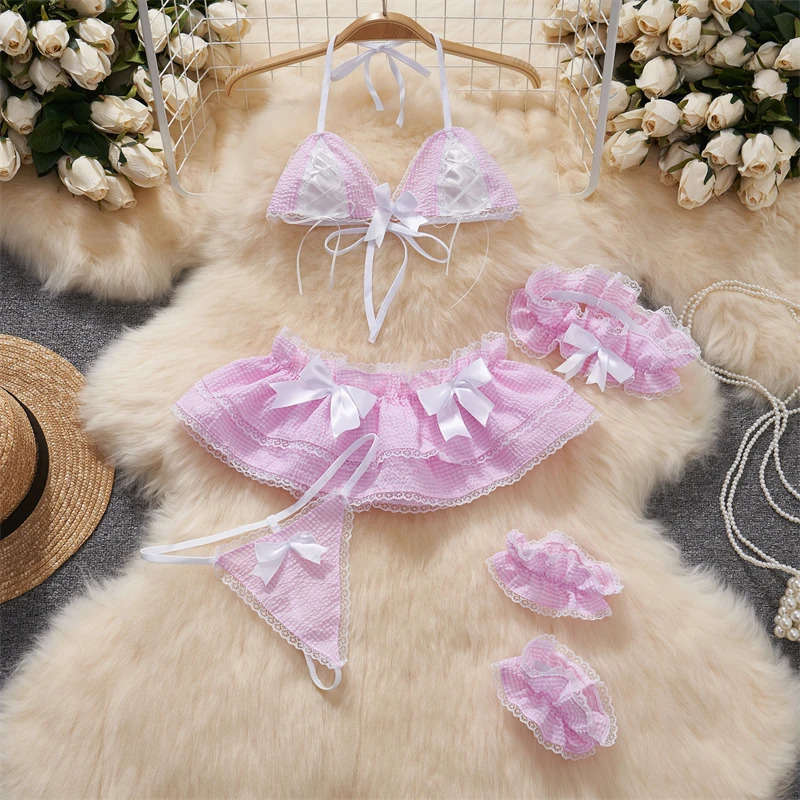 Bow Splicing Lace Edge Y2K Grid Lace-up Neck-mounted Top Sets Women Clothes Block Color Sexy Sweet Mini Skirt Suits Lingerie 250603