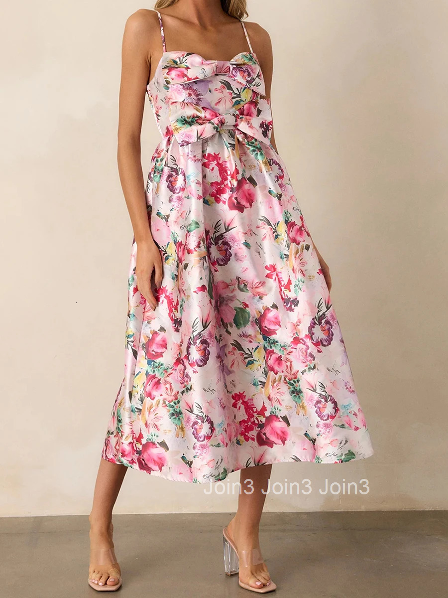 Womens Floral Print Sleeveless Spaghetti Strap Maxi Dress with Bow Front Detail and Loose Fit for Vacation or Special Occasions